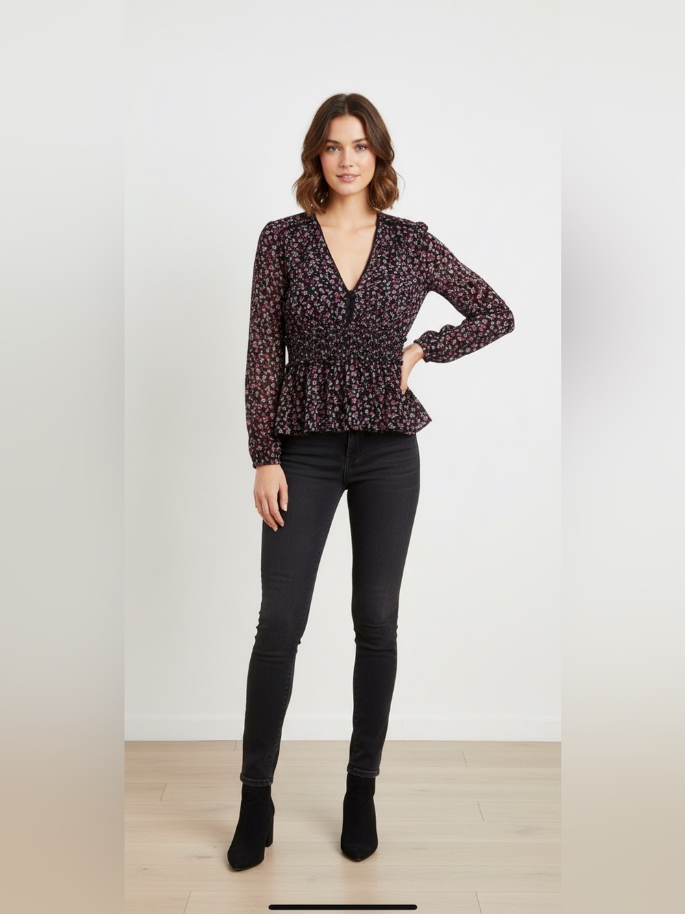 The Kooples Black Floral V-Neck Smocked Peplum Blouse with Cinched Waist NWT